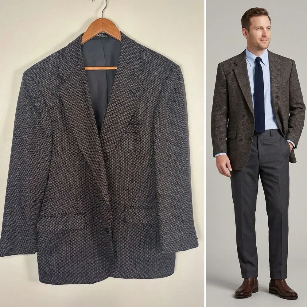 VTG Stanley Blacker Mens 44R Sport Coat Blazer Jacket Brown Blue Micro Pattern